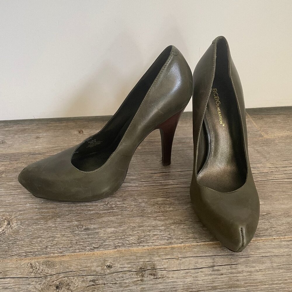 BCBGeneration Holmy Genuine Dark Leather Olive Green Hidden Platform Stilettos